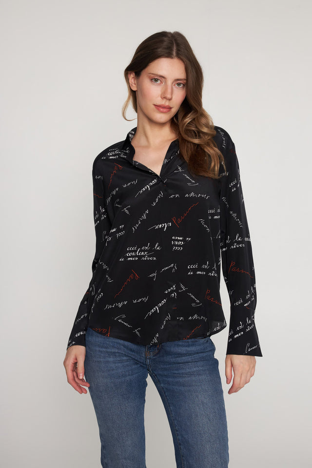 Daria French Cuff Silk Blouse - Black Passion Print