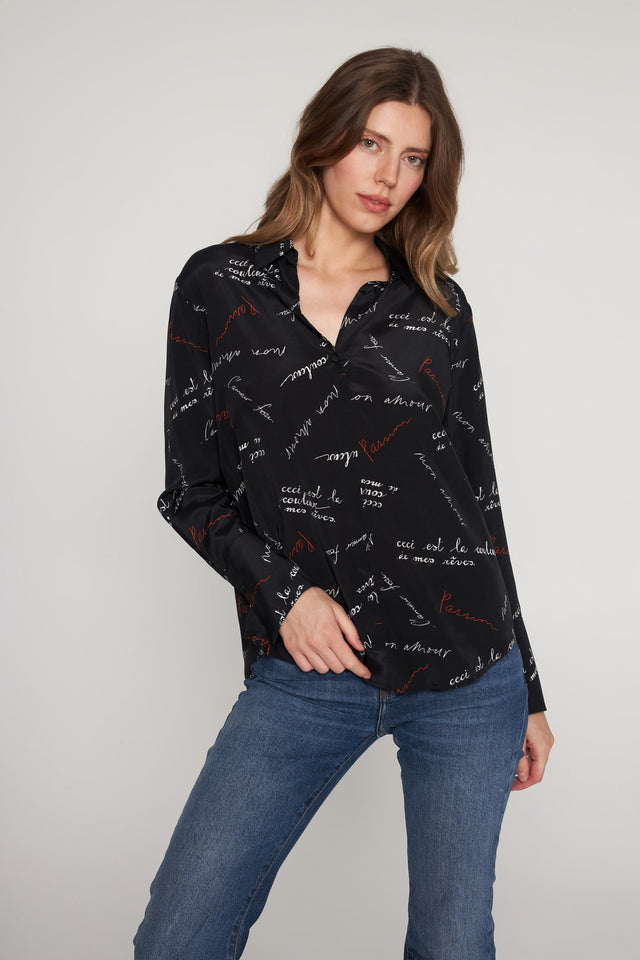 Daria French Cuff Silk Blouse - Black Passion Print