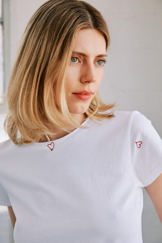 Embroidered Cotton T-Shirt - Red Heart