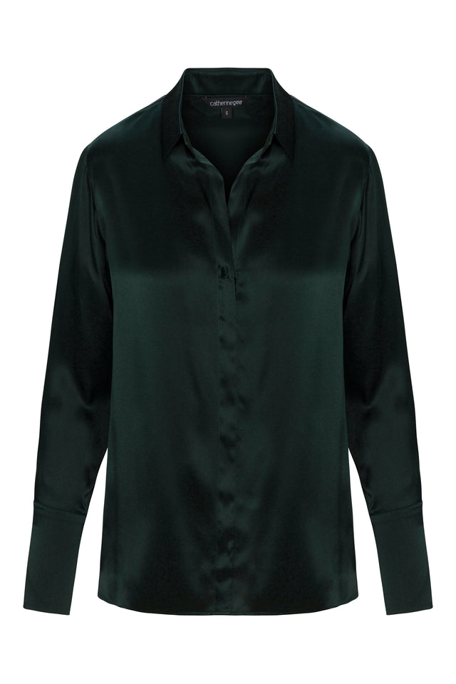 Daria French Cuff Silk Blouse - Forrest Green