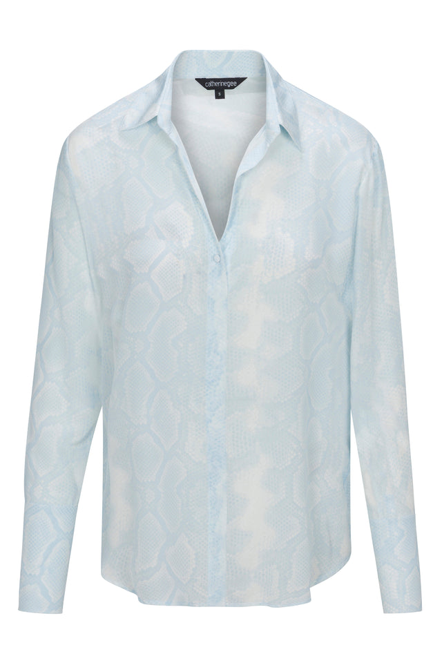 Daria French Cuff Silk Blouse - Sky Blue Snake