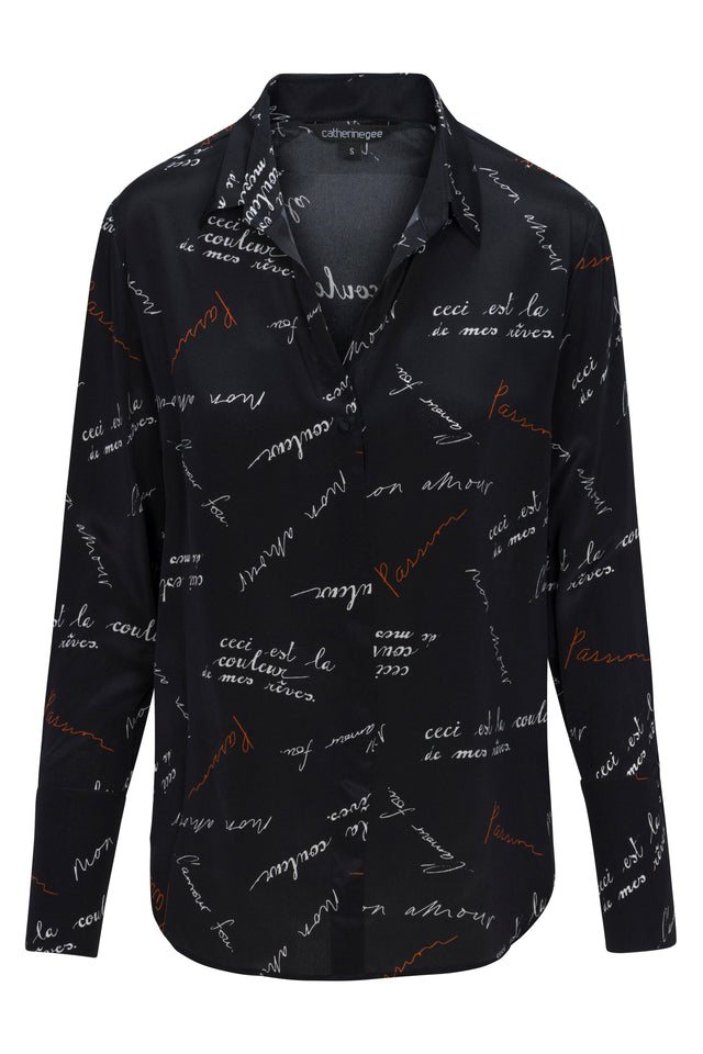 Daria French Cuff Silk Blouse - Black Passion Print