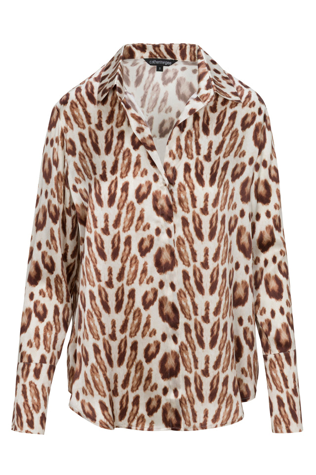 Daria French Cuff Silk Blouse - Oat Leopard