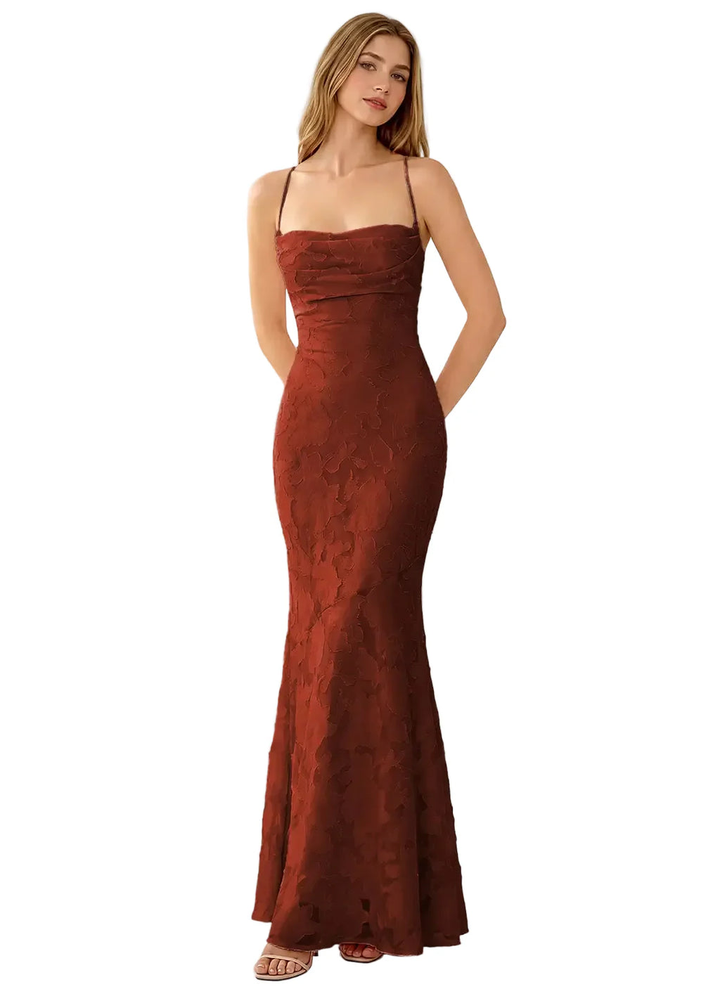 Woman wearing a red evening gown on a white background