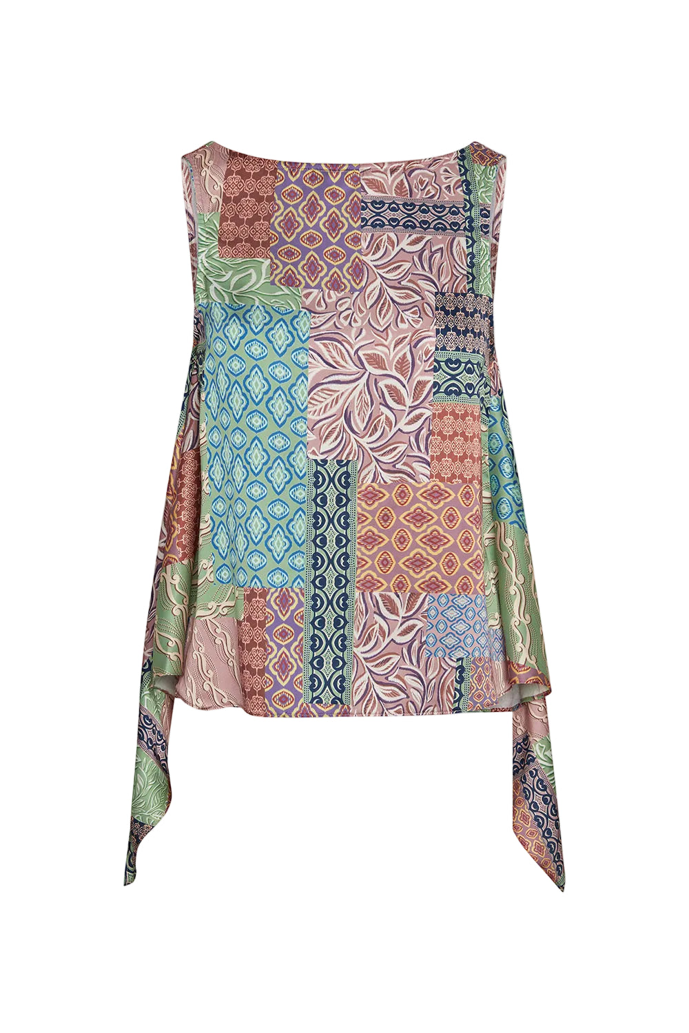 Multicolored patterned sleeveless top on a white background