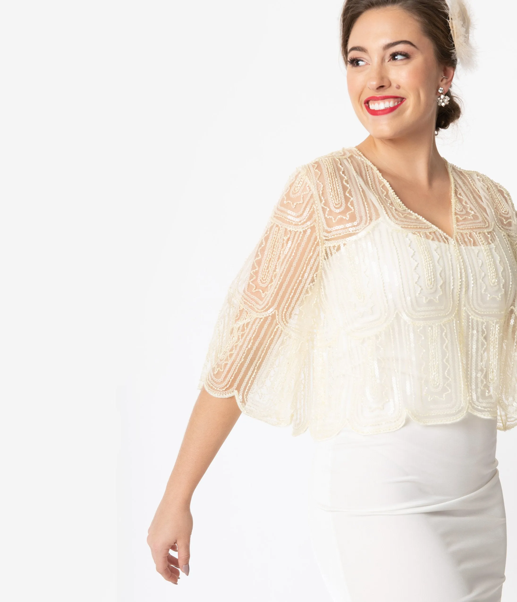 1920s Ivory Three Quarter Sleeve Sequin Bolero