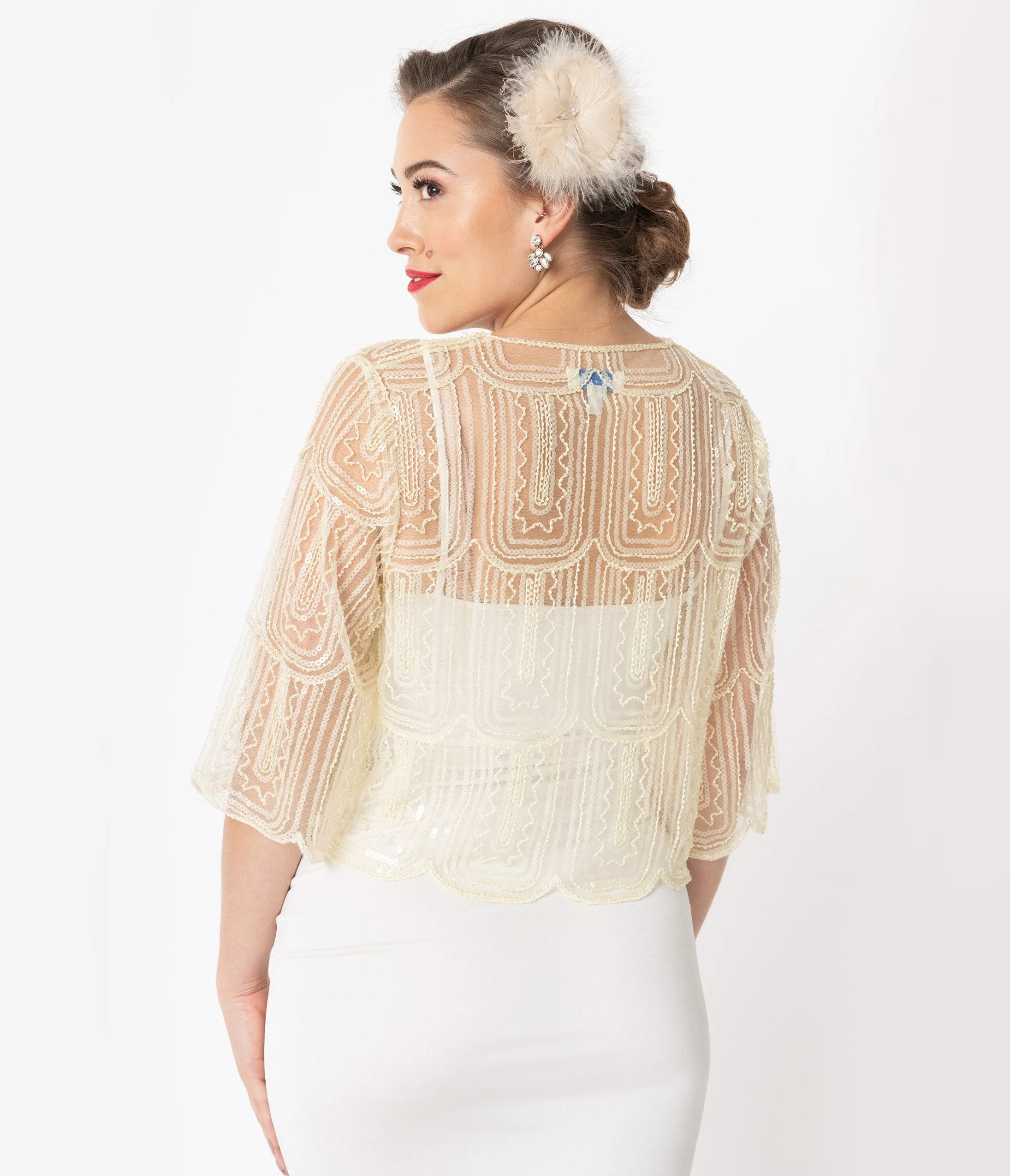 1920s Ivory Three Quarter Sleeve Sequin Bolero