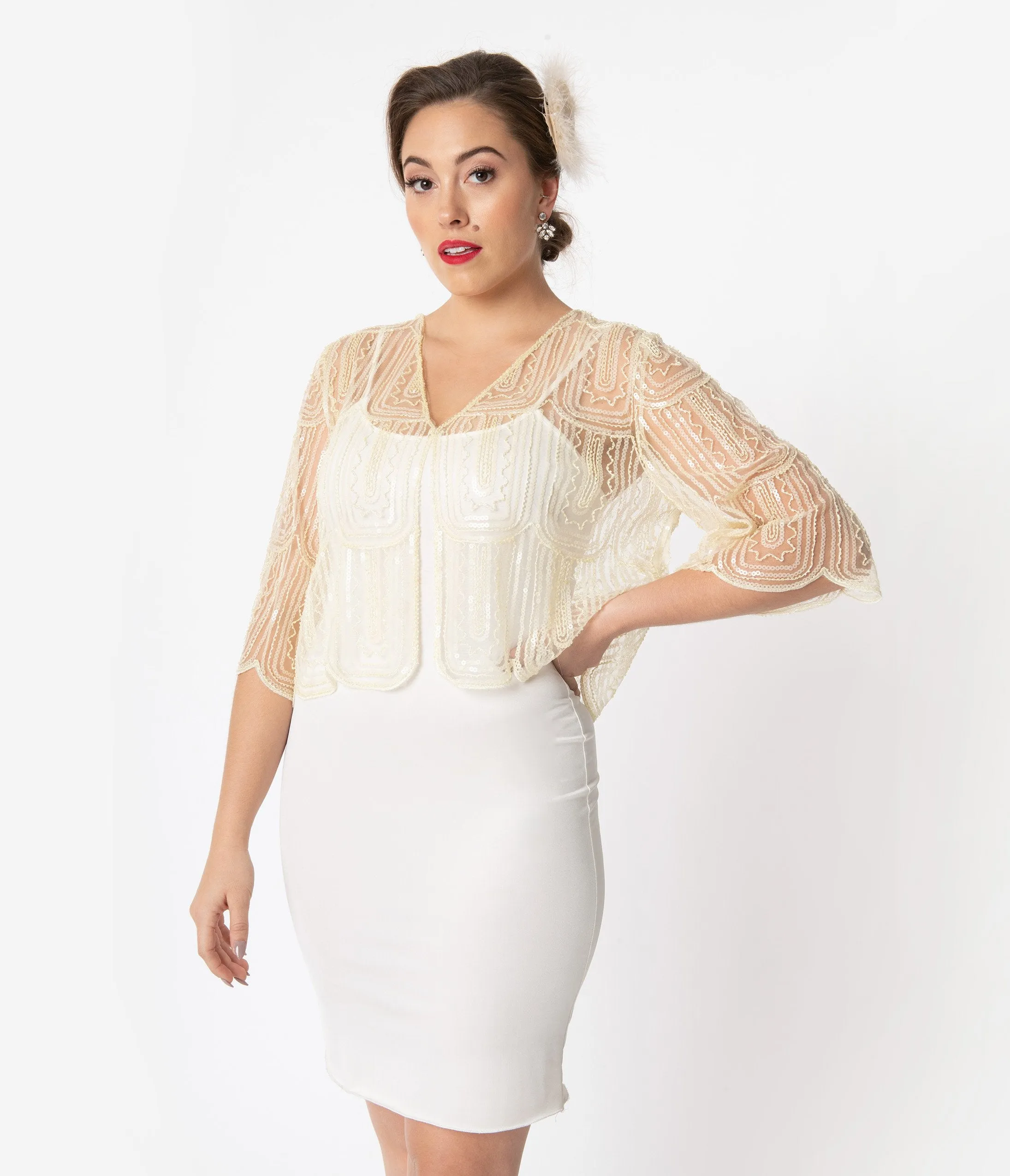 1920s Ivory Three Quarter Sleeve Sequin Bolero