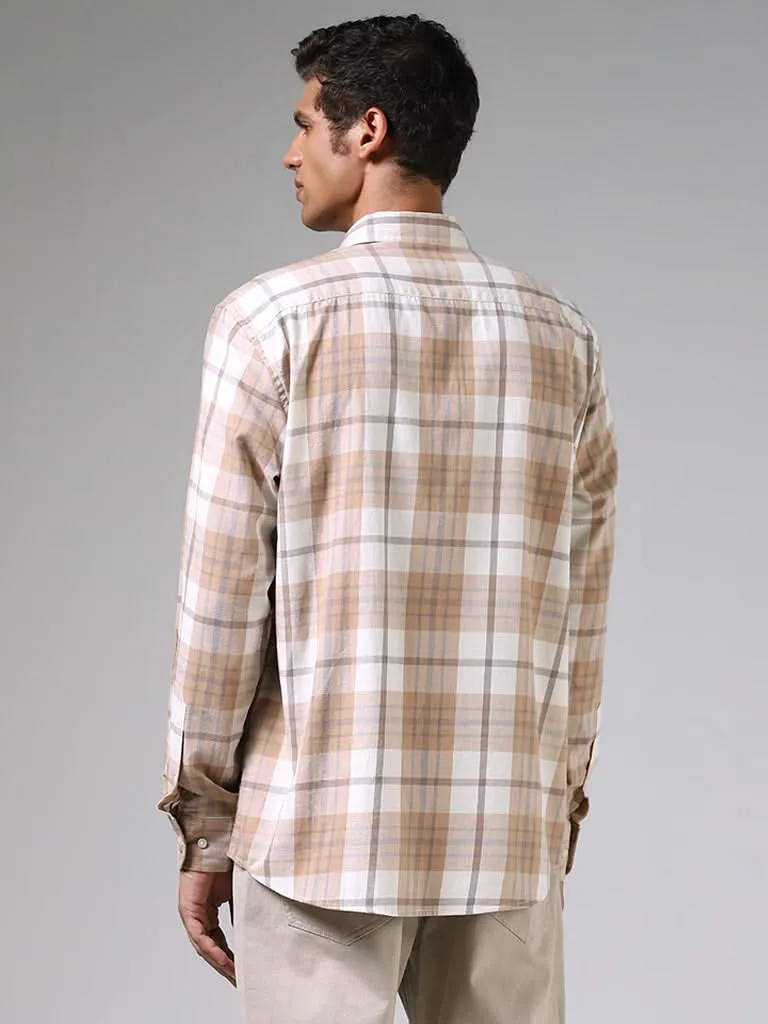 Ascot Beige and White Checkered Cotton Relaxed-Fit Shirt