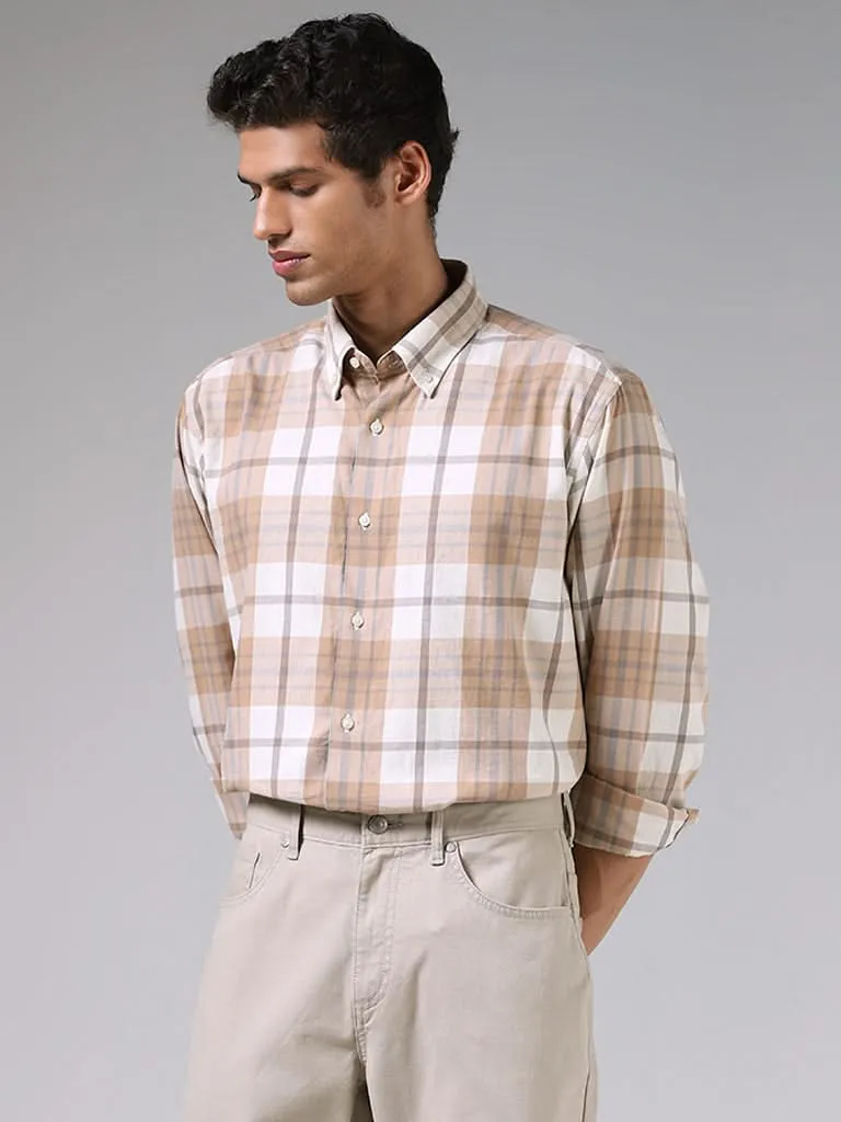 Ascot Beige and White Checkered Cotton Relaxed-Fit Shirt