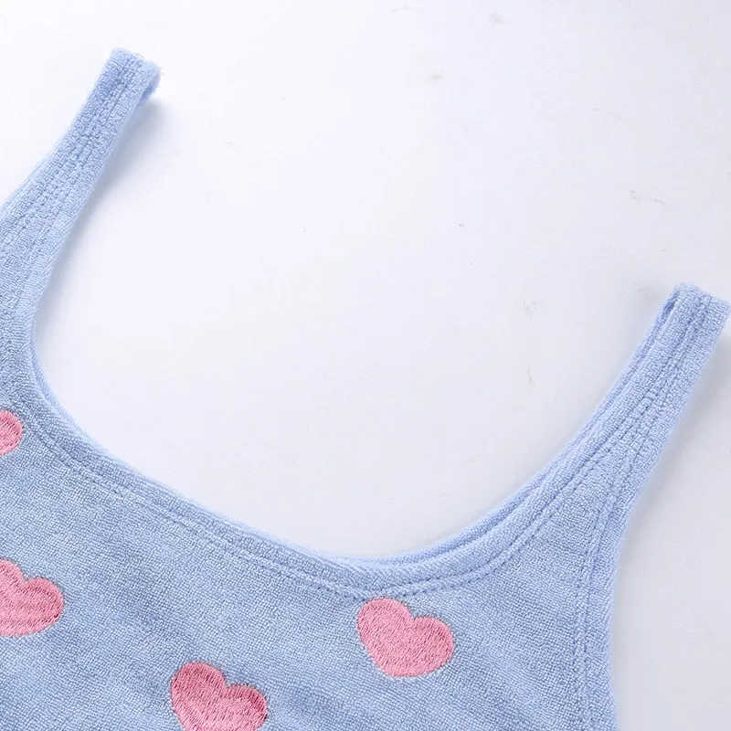 Blue Off Shoulder Sexy Tank Tops Women Summer 2019 Heart Embroidery Sweet Cute Sexy Summer Crop Top Harajuku Kawaii