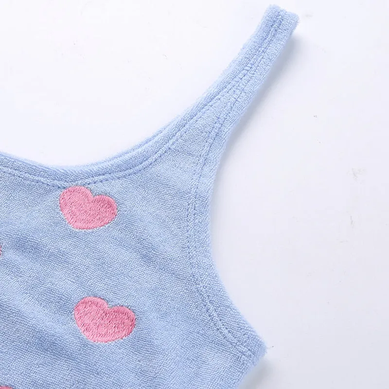 Blue Off Shoulder Sexy Tank Tops Women Summer 2019 Heart Embroidery Sweet Cute Sexy Summer Crop Top Harajuku Kawaii