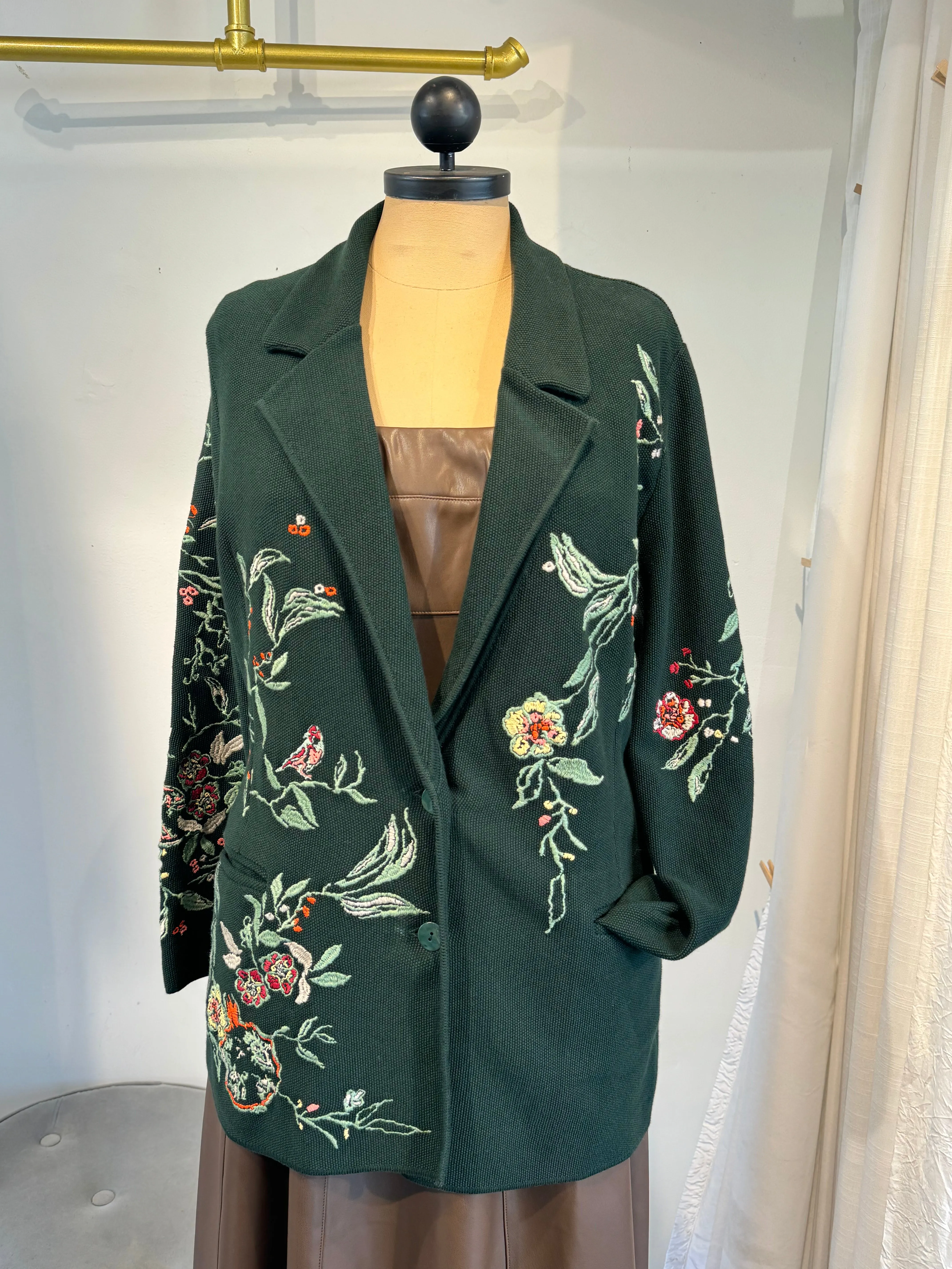 Boiled Wool Coat w/Embroidery Forest Green