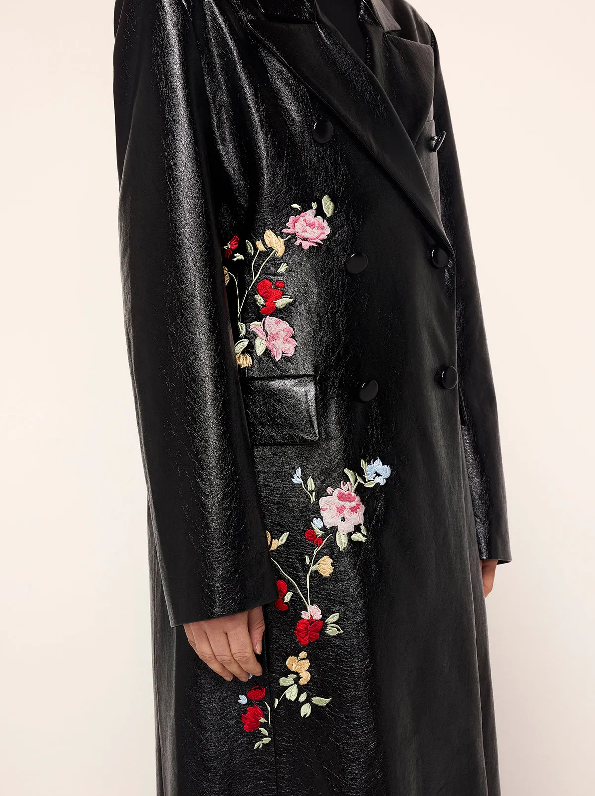 Brogan Oversized Black Embroidered Vinyl Coat