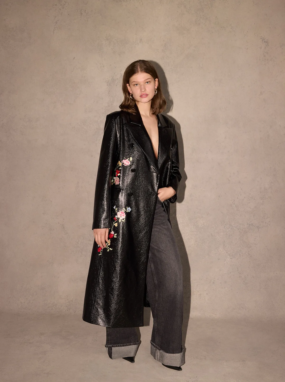 Brogan Oversized Black Embroidered Vinyl Coat