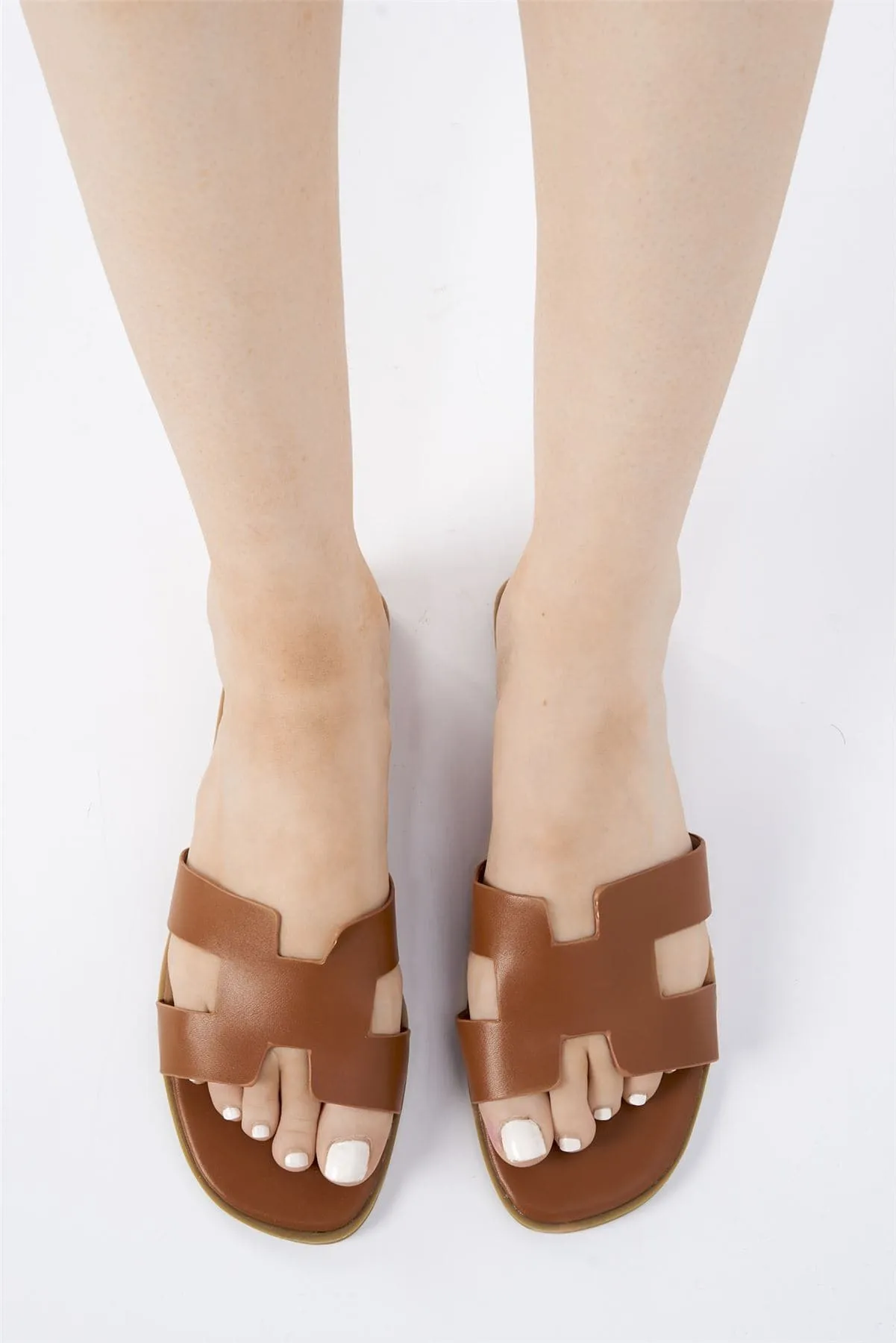 California Faux Leather Open Toe Flat Slider in Tan Matt