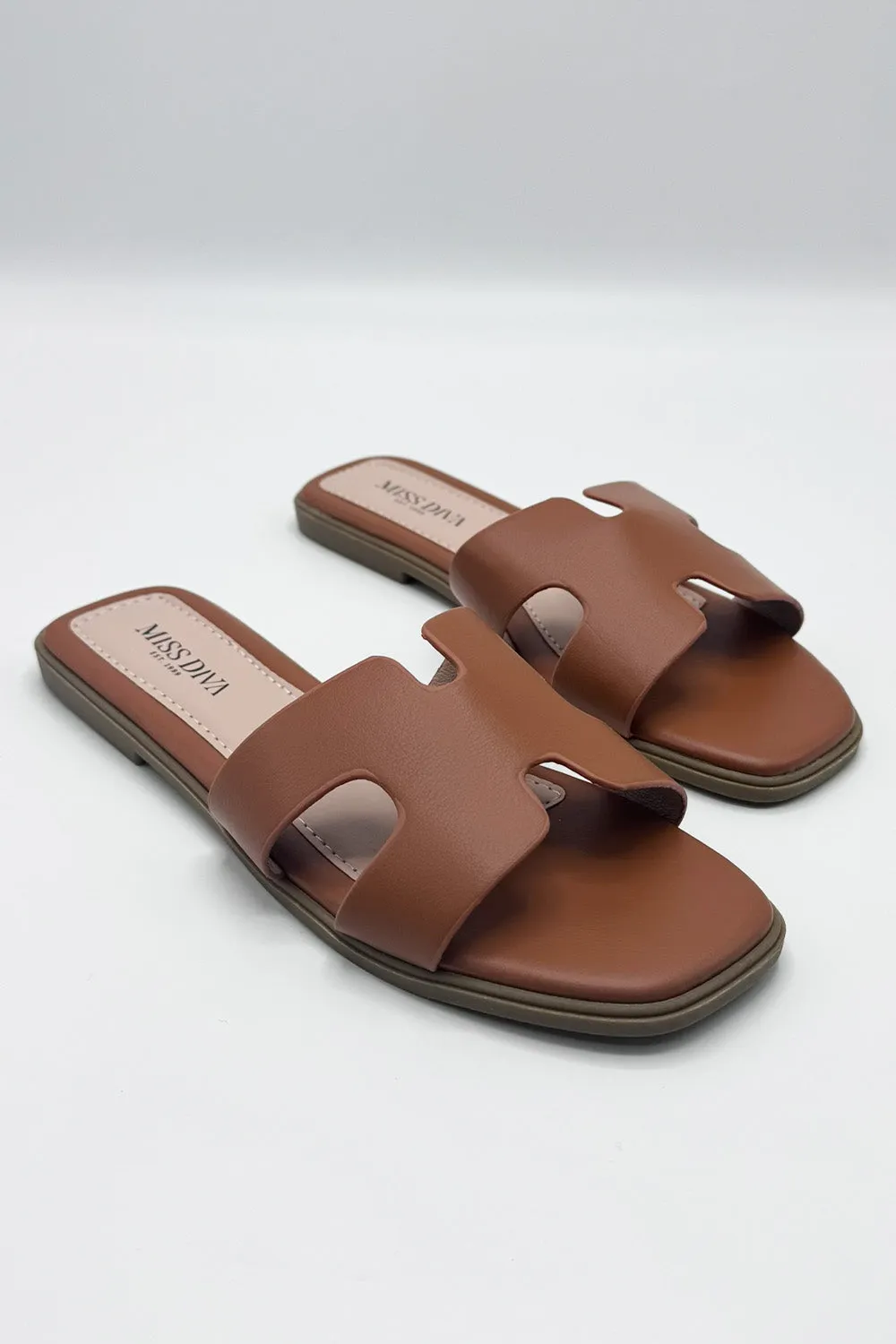 California Faux Leather Open Toe Flat Slider in Tan Matt