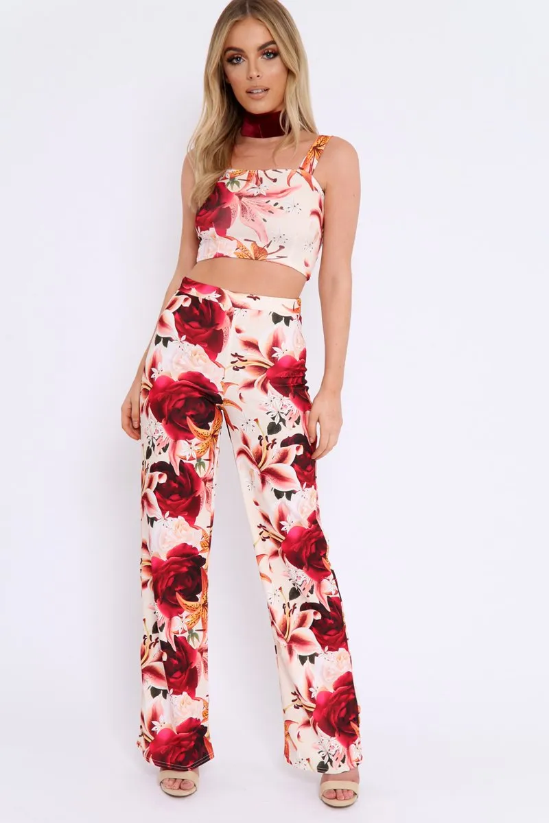 Cream and Red Floral Crop Top and Trousers Co-ord Set - Kimmy