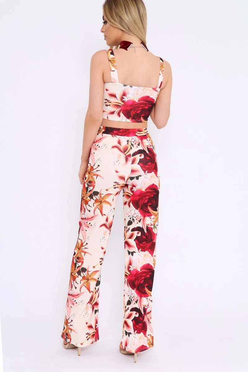 Cream and Red Floral Crop Top and Trousers Co-ord Set - Kimmy