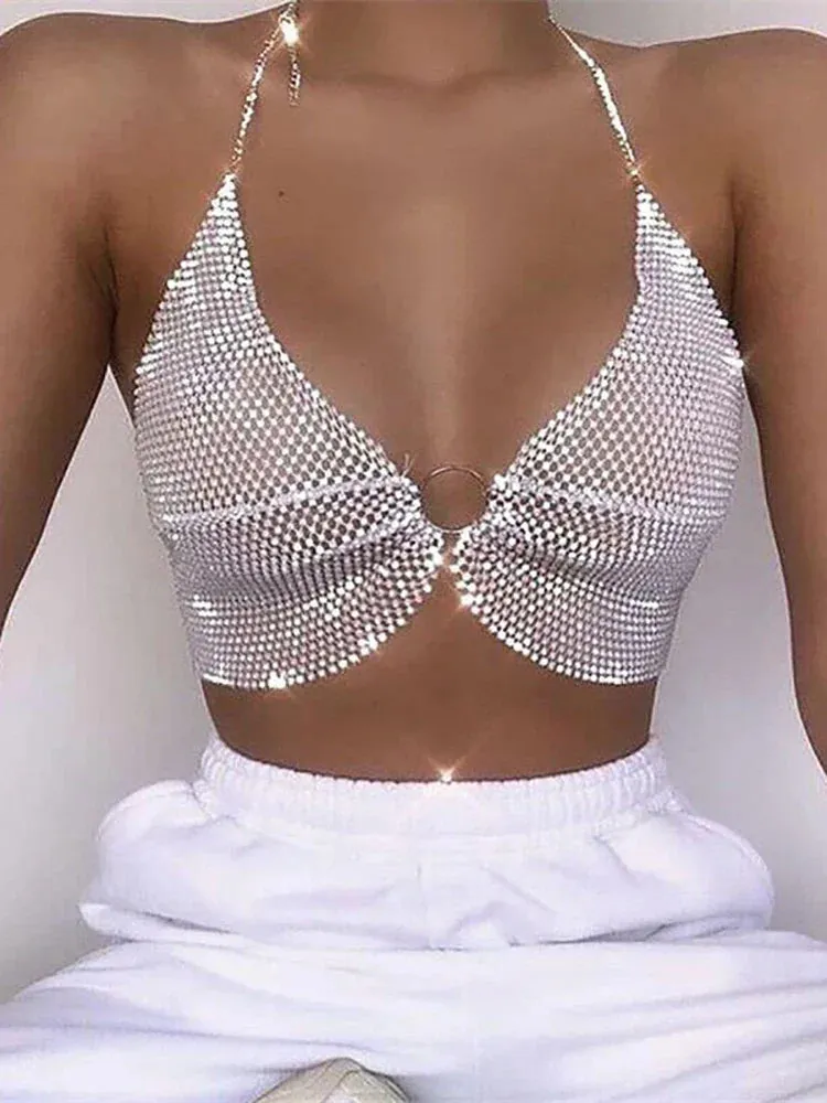 Crop Summer Rhinestones Streetwear Sexy Tee Backless V-Neck Y2K Sparkly Top