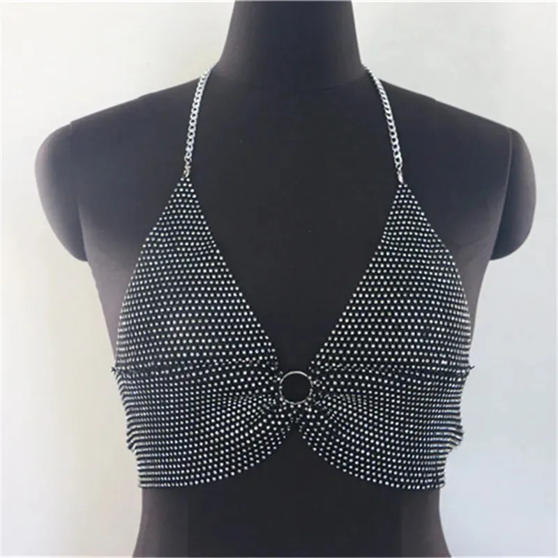 Crop Summer Rhinestones Streetwear Sexy Tee Backless V-Neck Y2K Sparkly Top