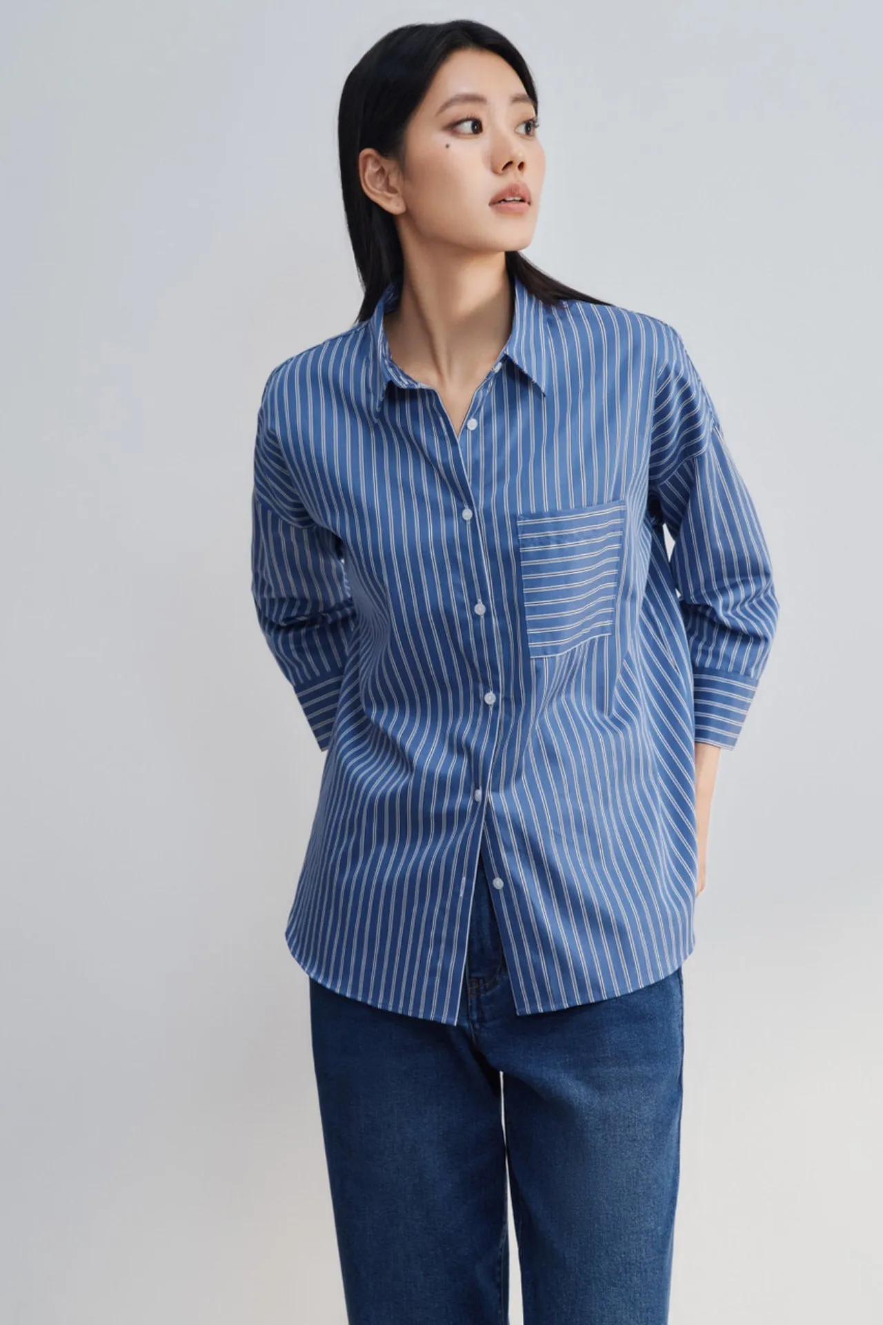 Easy Care Cotton Satin Stripe Oversize Shirt