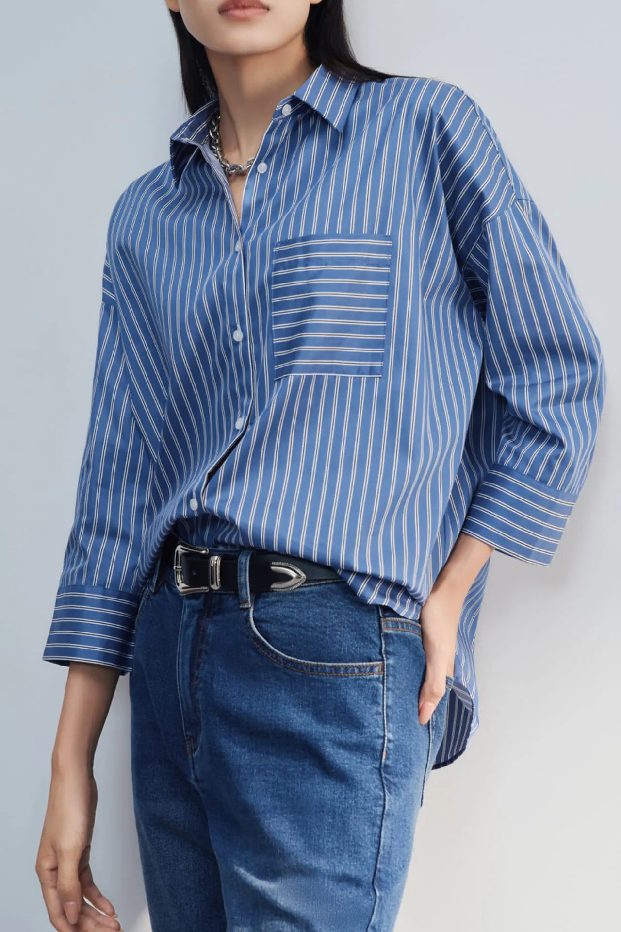 Easy Care Cotton Satin Stripe Oversize Shirt