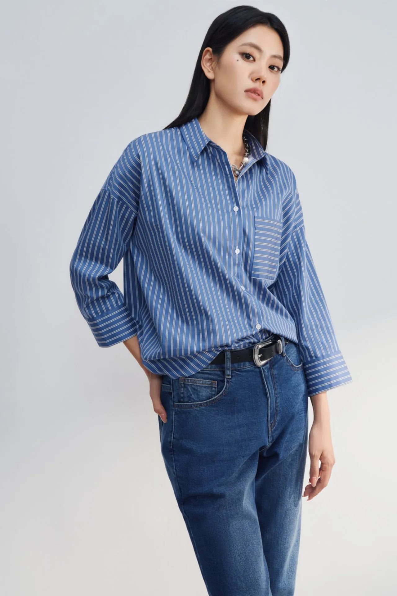 Easy Care Cotton Satin Stripe Oversize Shirt