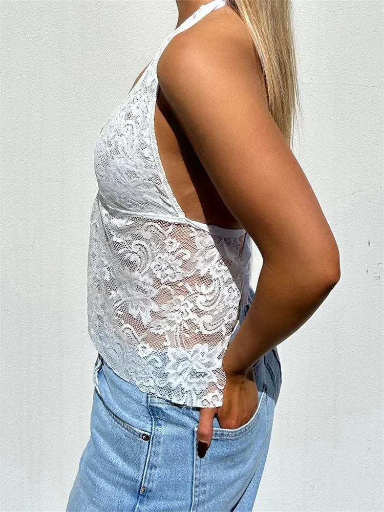 Floral Lace Halter Off Shoulder Backless Sleeveless Cami Top