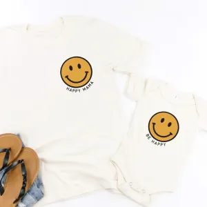 Happy Mama   Be Happy - YELLOW BLACK Smiley Faces | Set of 2 Natural Shirts