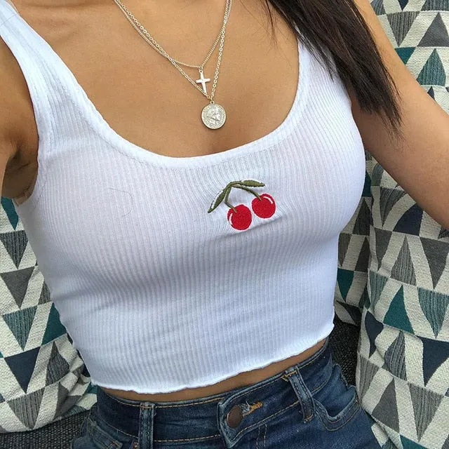 Harajuku Kawaii Bralette Crop Top Women Cherry Embroidery Cute Crop Tee Womens Slim Sleeveless Sexy Tank Tops Summer