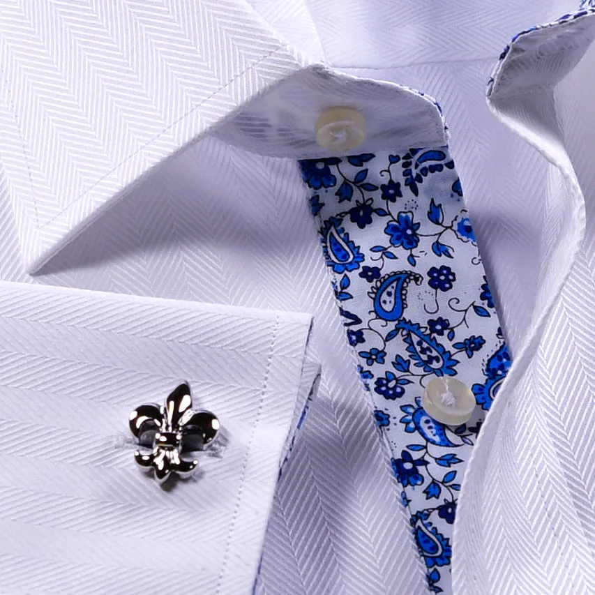 Italian Best White Herringbone Twill Formal Business Dress Shirt With Blue Floral Inner Lining Fashion