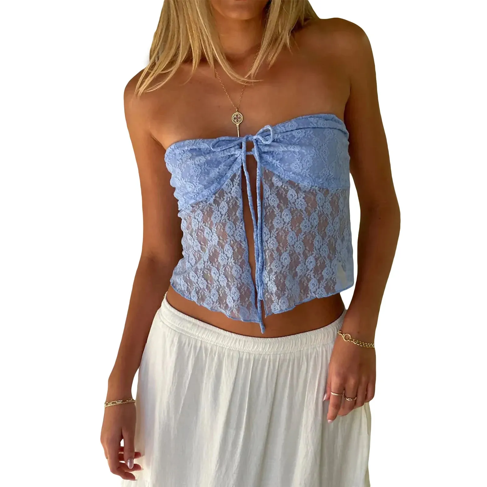 Lace Off-Shoulder Sleeveless Backless See-Through Stylish Elegant Trendy Chic Crop Top