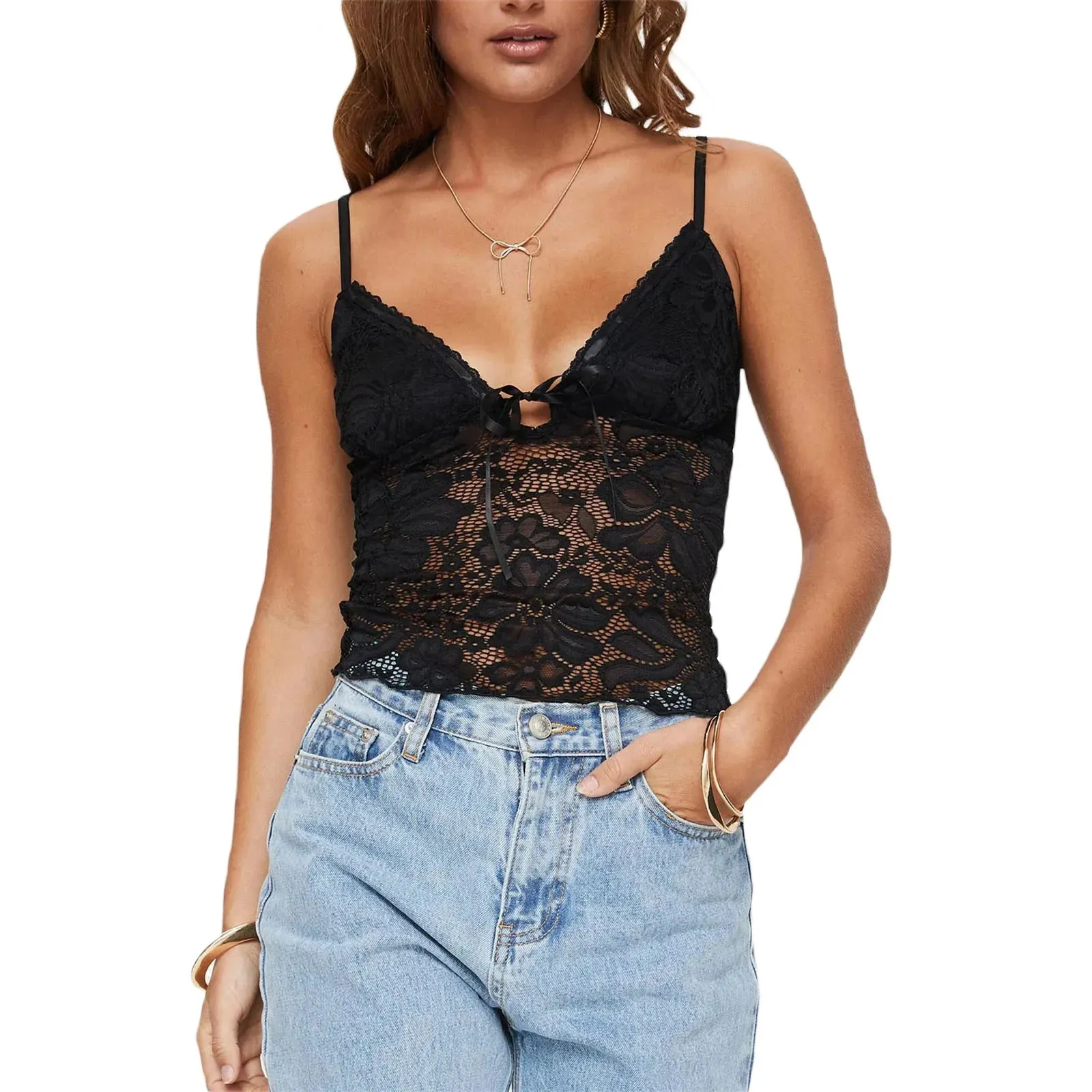 Lace Slim Cami Tops Tie Front Spaghetti Strap Vest Show Navel Cropped Camisole Tank Women's Top