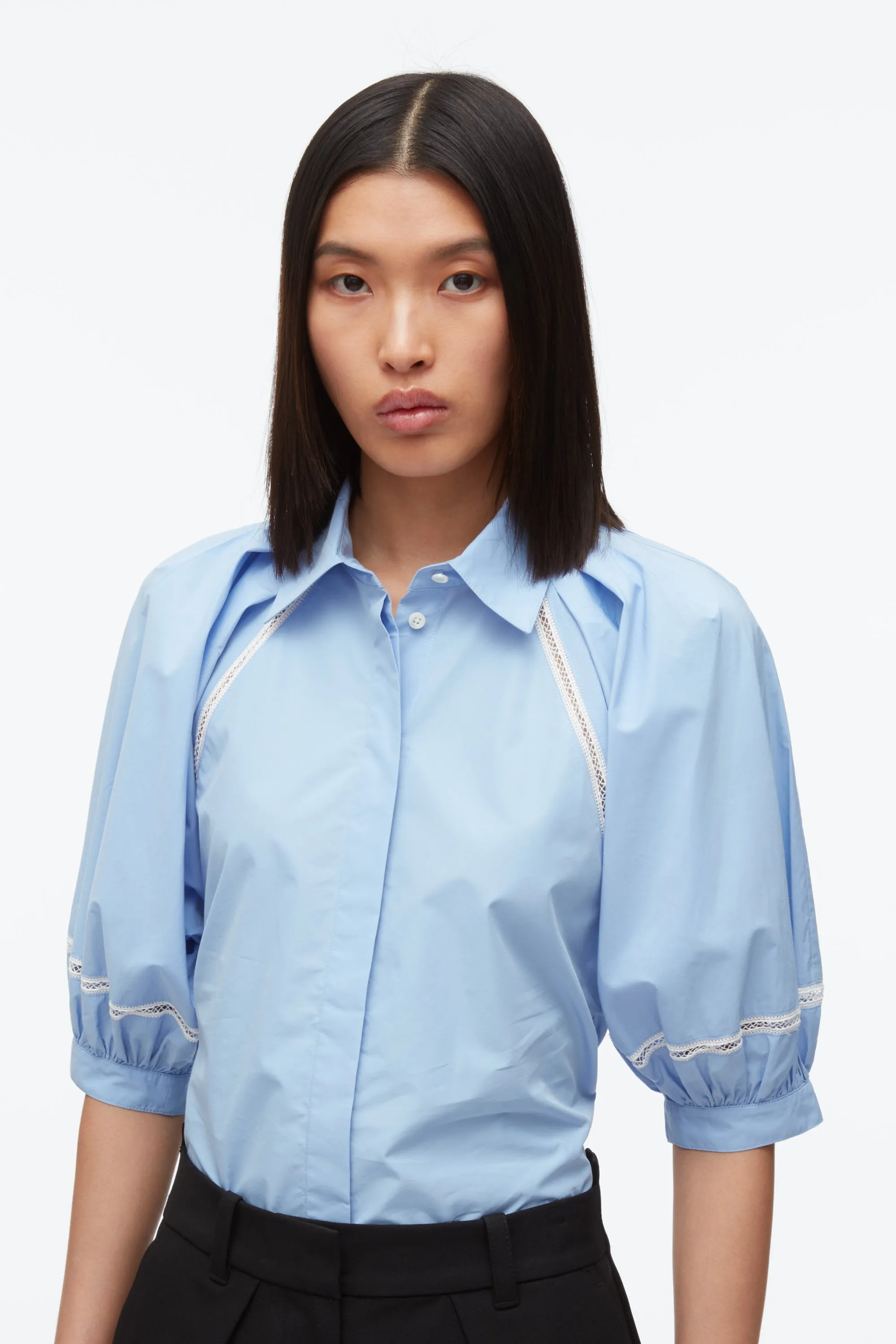 Lantern Sleeve Shirt With Lattice Trim