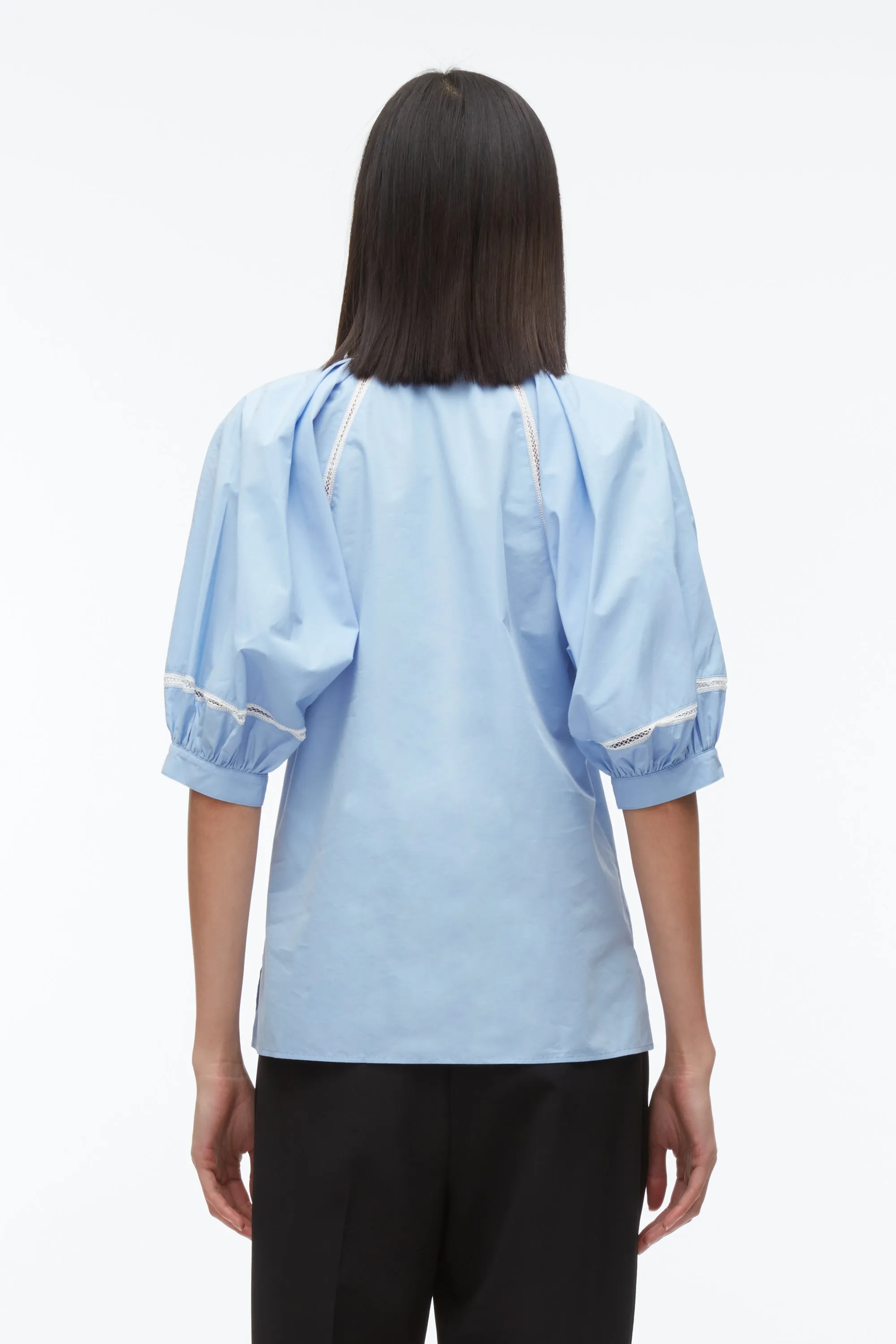 Lantern Sleeve Shirt With Lattice Trim