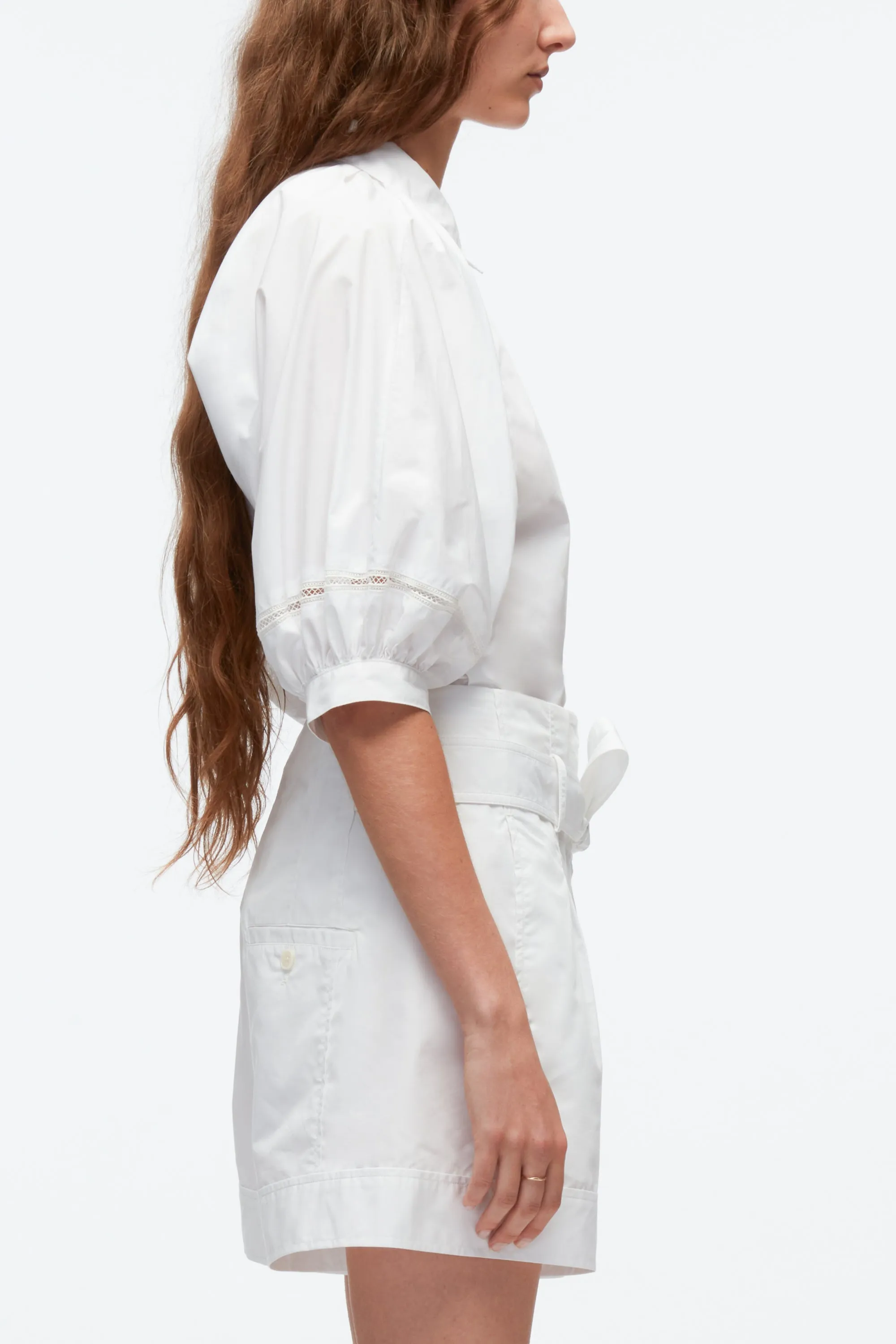 Lantern Sleeve Shirt With Lattice Trim