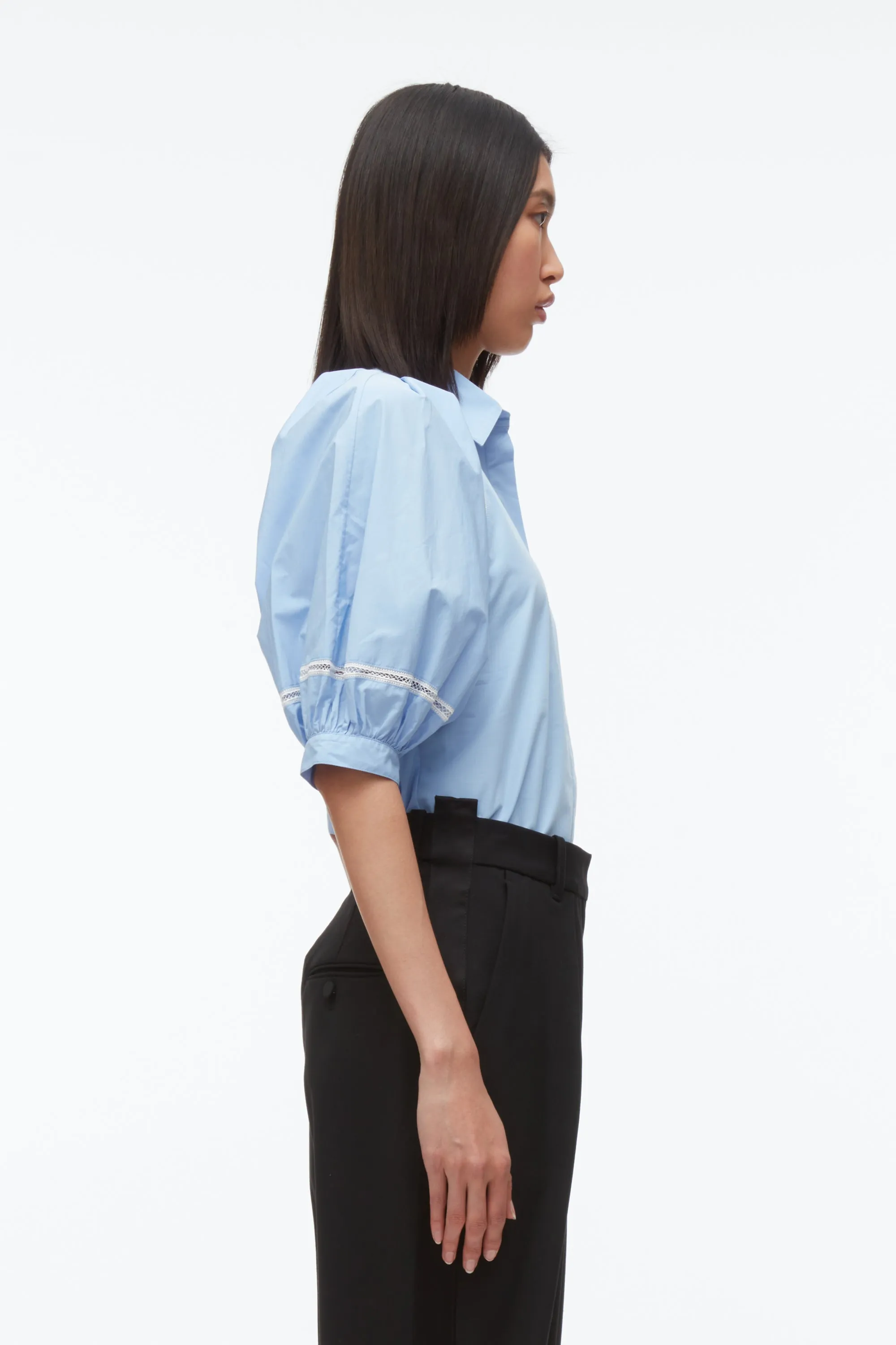 Lantern Sleeve Shirt With Lattice Trim