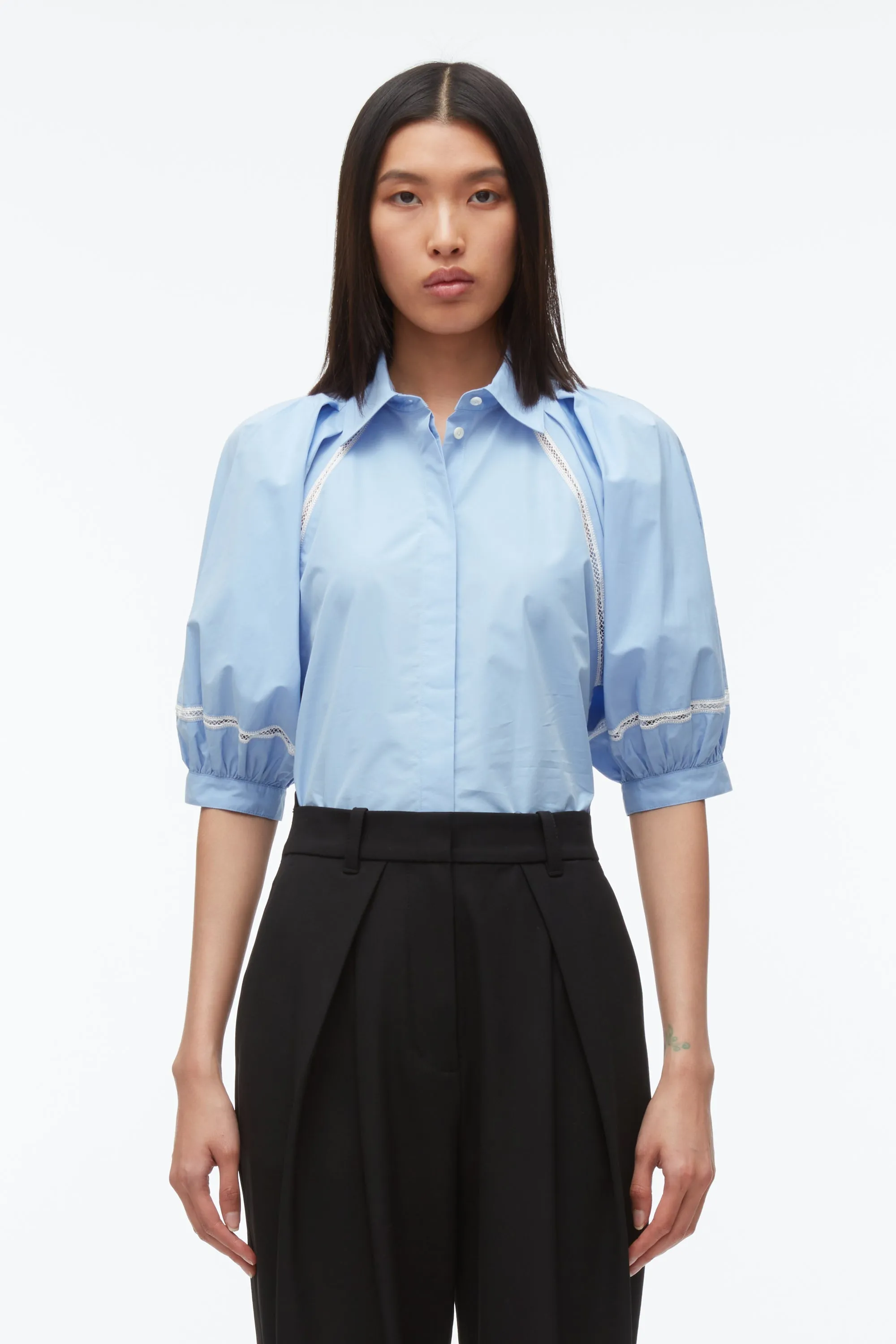 Lantern Sleeve Shirt With Lattice Trim