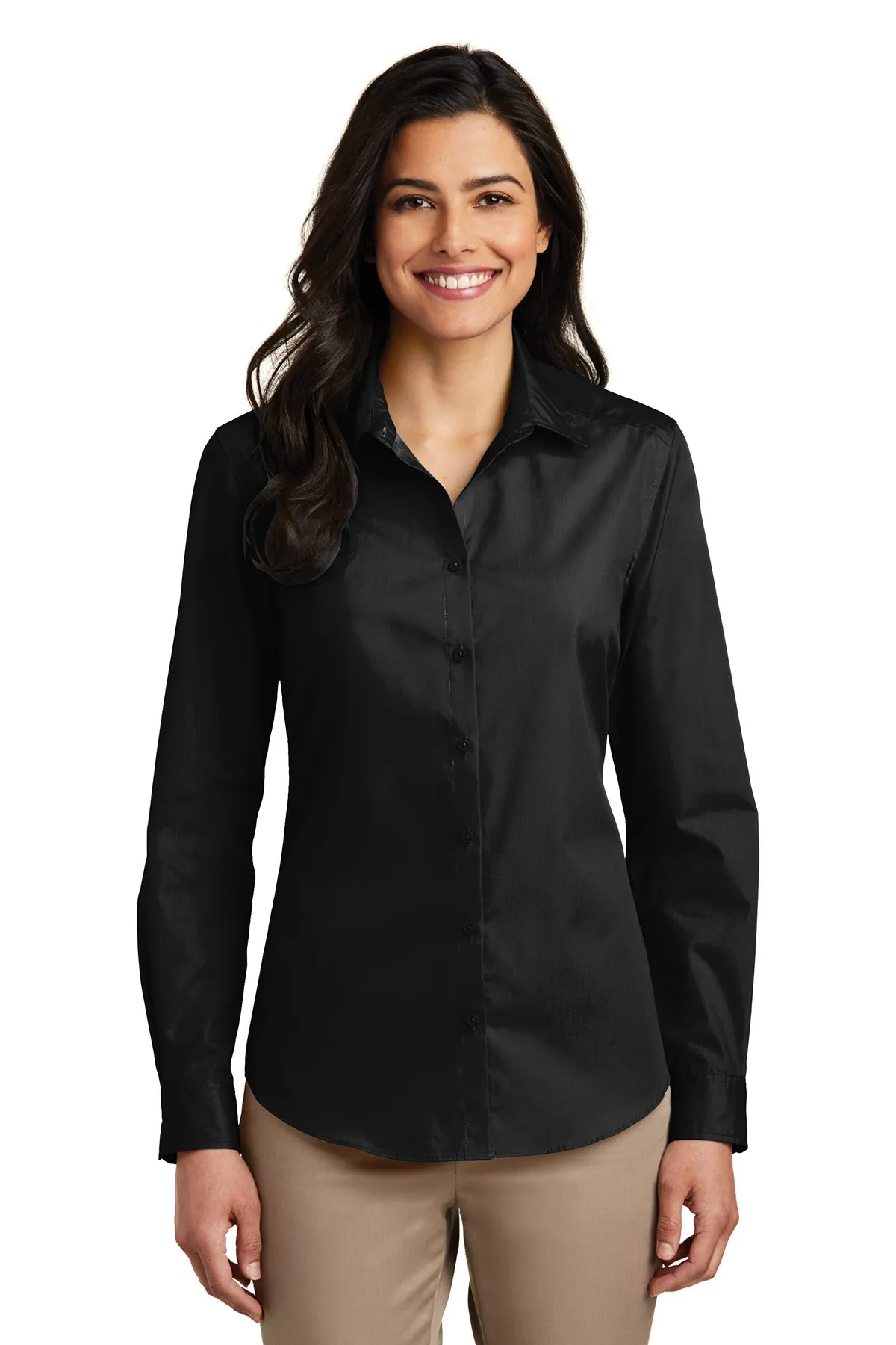 Port Authority Ladies Carefree Poplin Customized Shirts, Deep Black