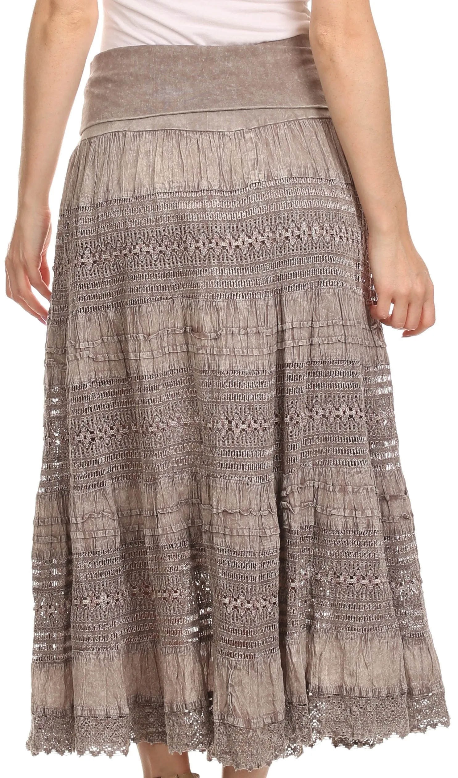 Sakkas Dollra Long Tall Crochet Embroidered Adjustable Waist Ruffle Flare Skirt