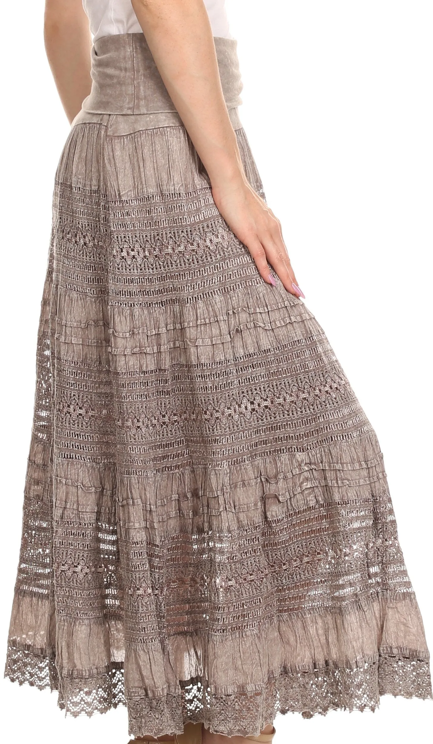 Sakkas Dollra Long Tall Crochet Embroidered Adjustable Waist Ruffle Flare Skirt