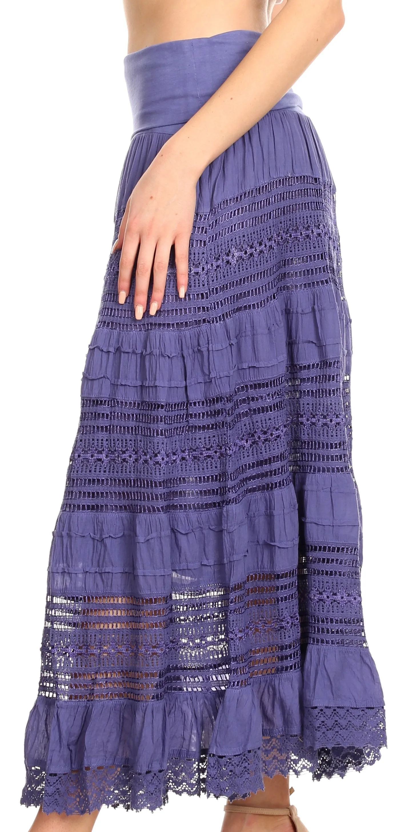 Sakkas Dollra Long Tall Crochet Embroidered Adjustable Waist Ruffle Flare Skirt