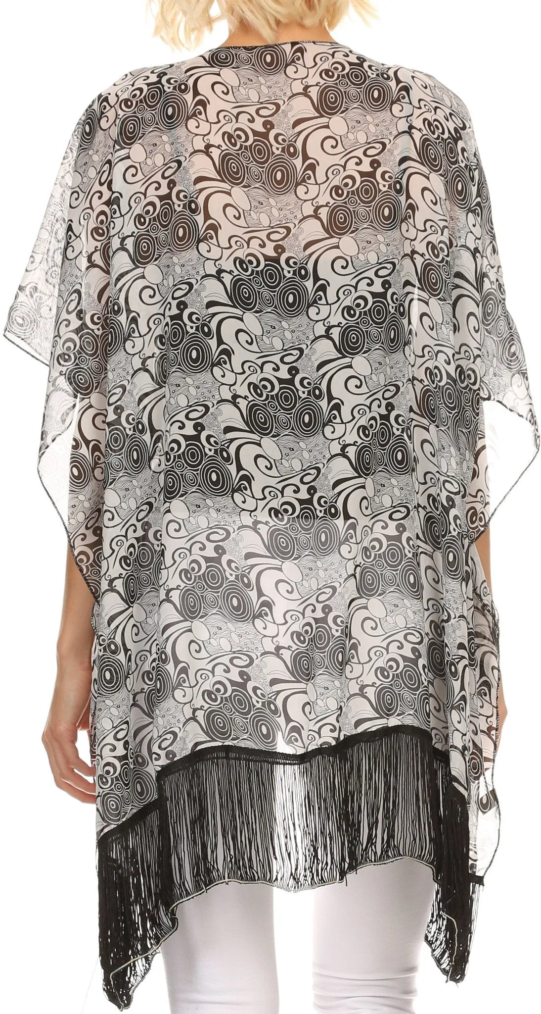 Sakkas Yew Long Wide Sheer Printed Fringe Bottom Short Draped Sleeve Kimono Top