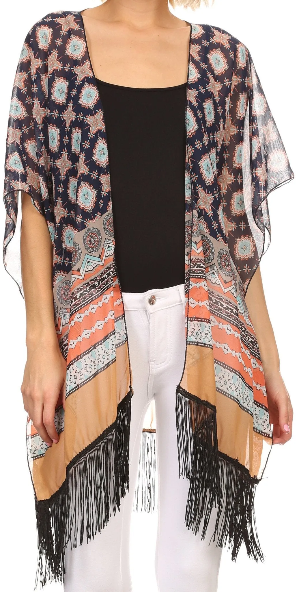 Sakkas Yew Long Wide Sheer Printed Fringe Bottom Short Draped Sleeve Kimono Top