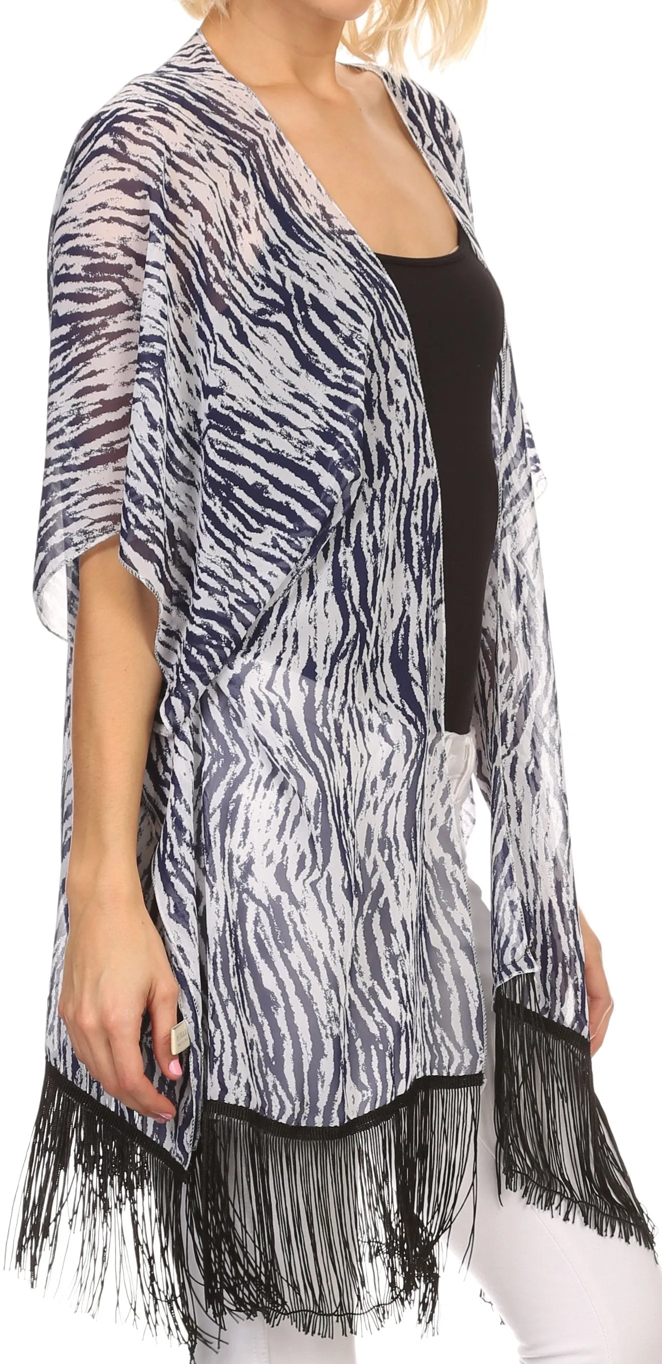 Sakkas Yew Long Wide Sheer Printed Fringe Bottom Short Draped Sleeve Kimono Top