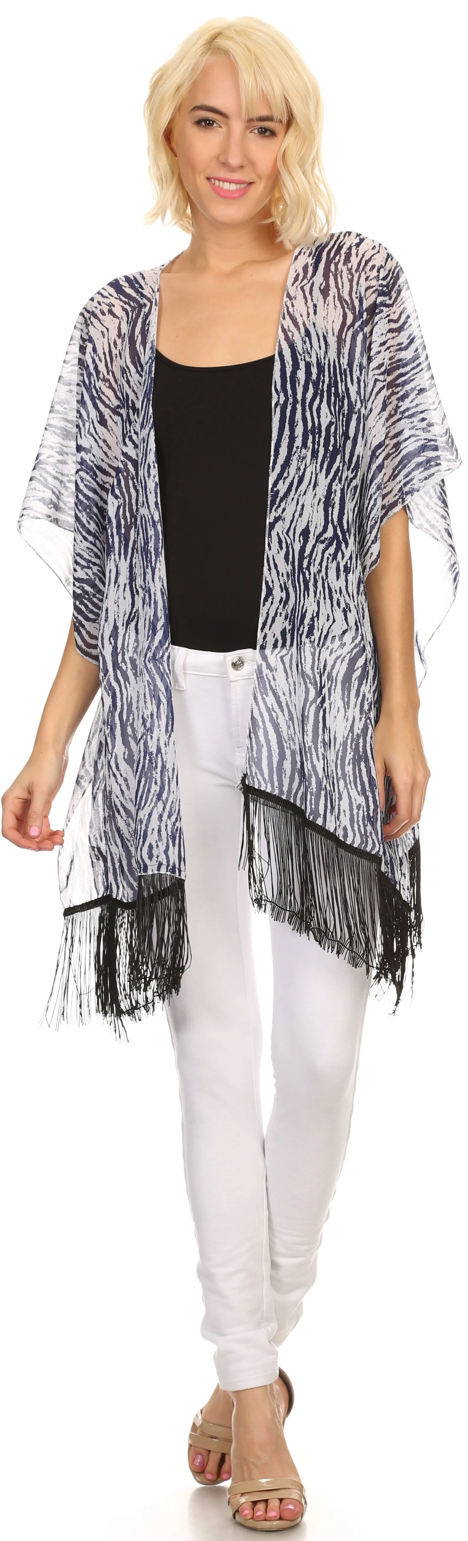 Sakkas Yew Long Wide Sheer Printed Fringe Bottom Short Draped Sleeve Kimono Top