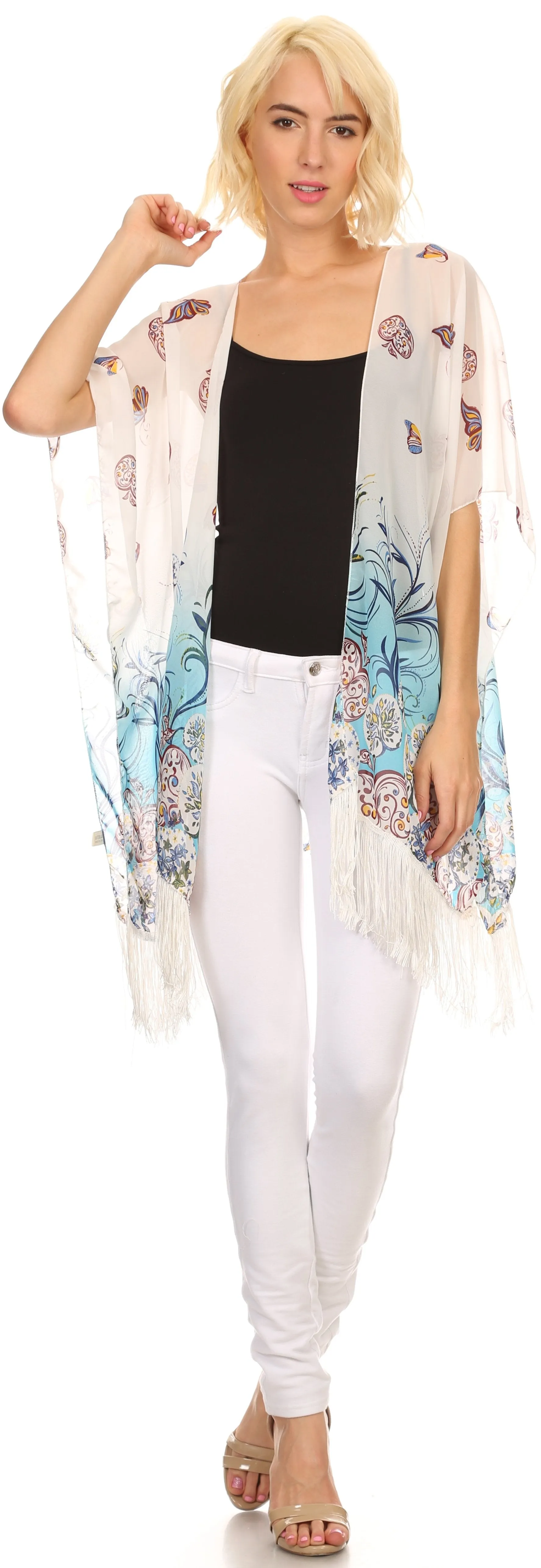 Sakkas Yew Long Wide Sheer Printed Fringe Bottom Short Draped Sleeve Kimono Top