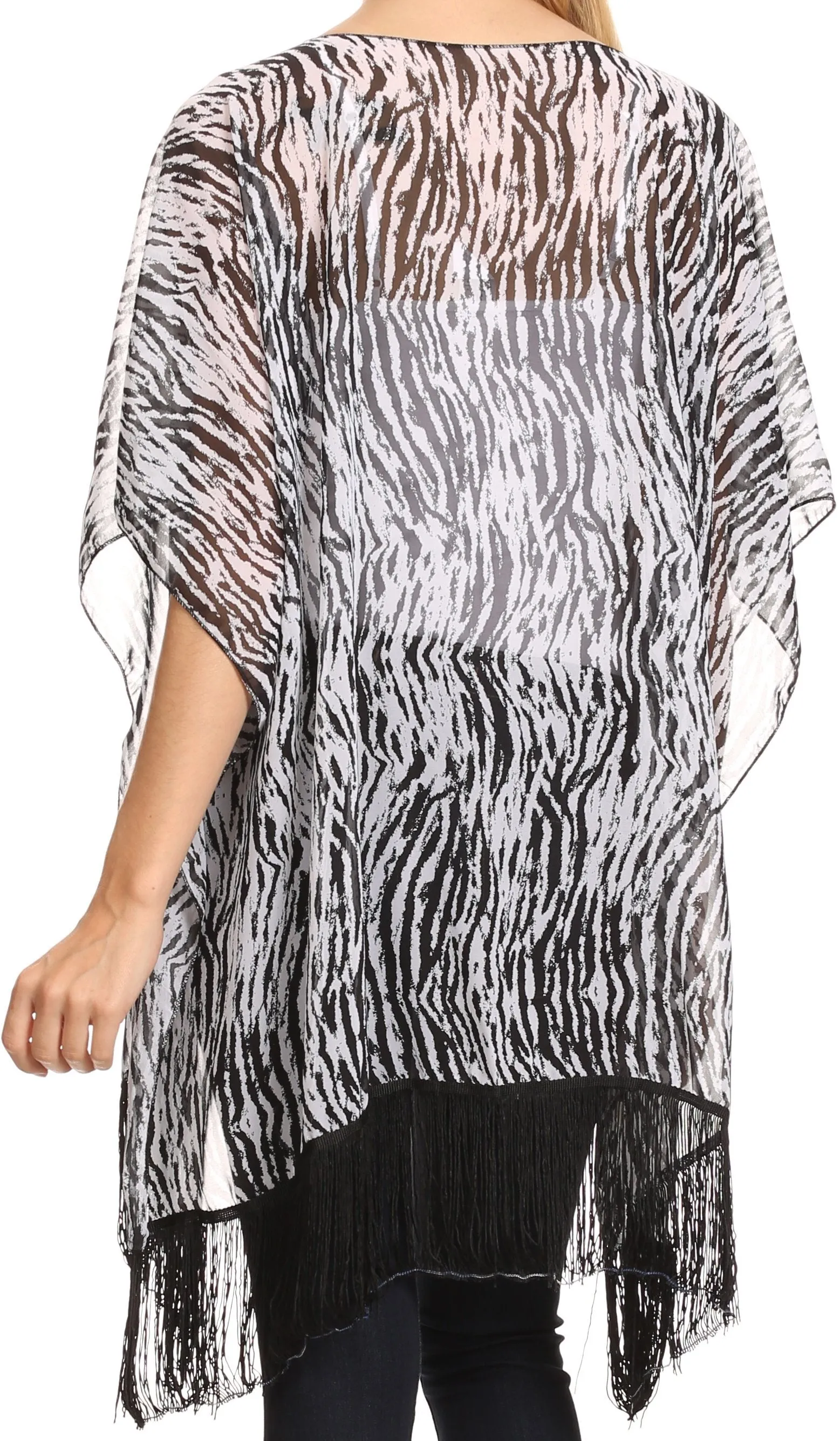 Sakkas Yew Long Wide Sheer Printed Fringe Bottom Short Draped Sleeve Kimono Top