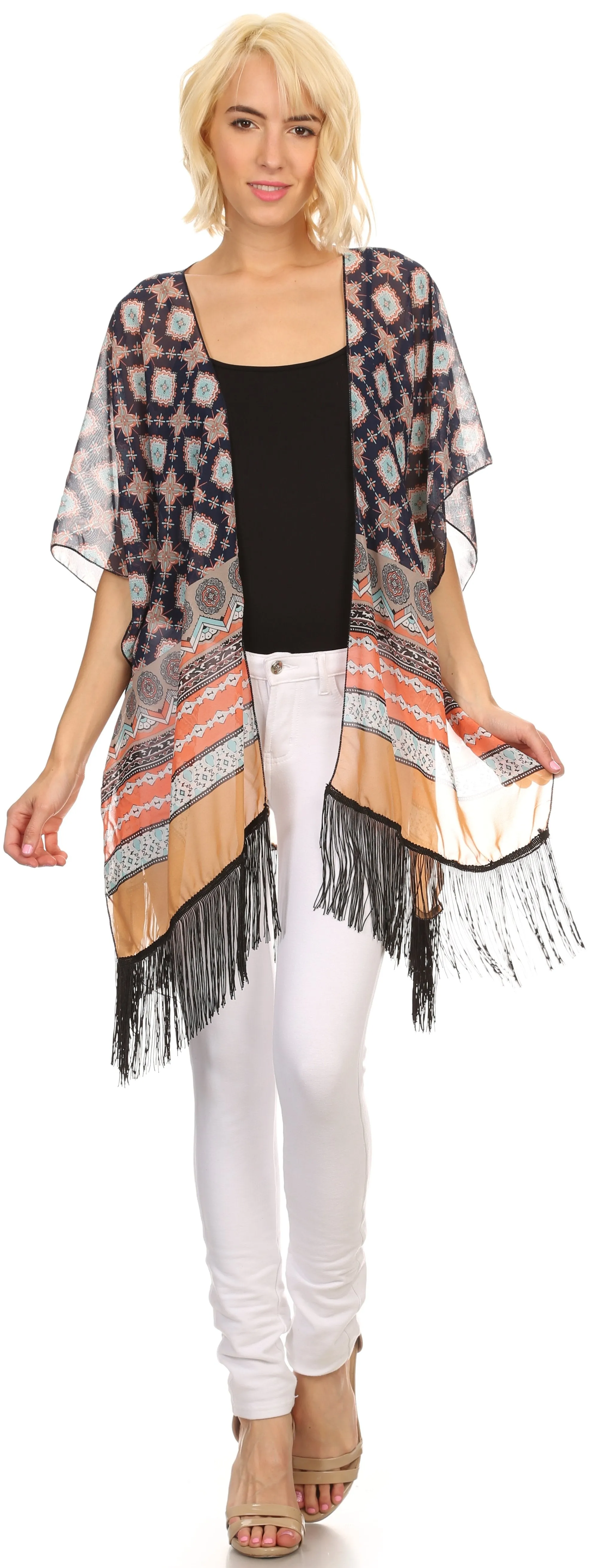 Sakkas Yew Long Wide Sheer Printed Fringe Bottom Short Draped Sleeve Kimono Top